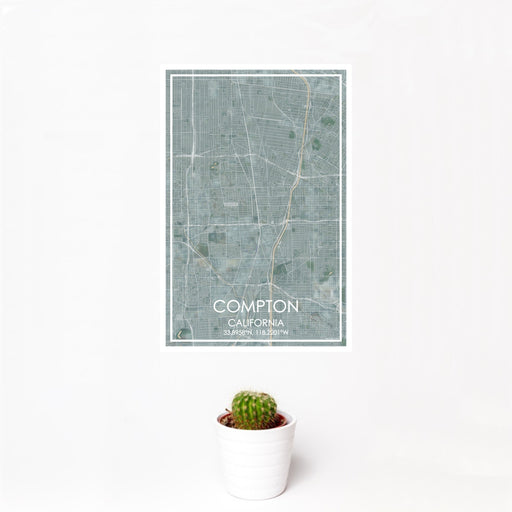 12x18 Compton California Map Print Portrait Orientation in Afternoon Style With Small Cactus Plant in White Planter