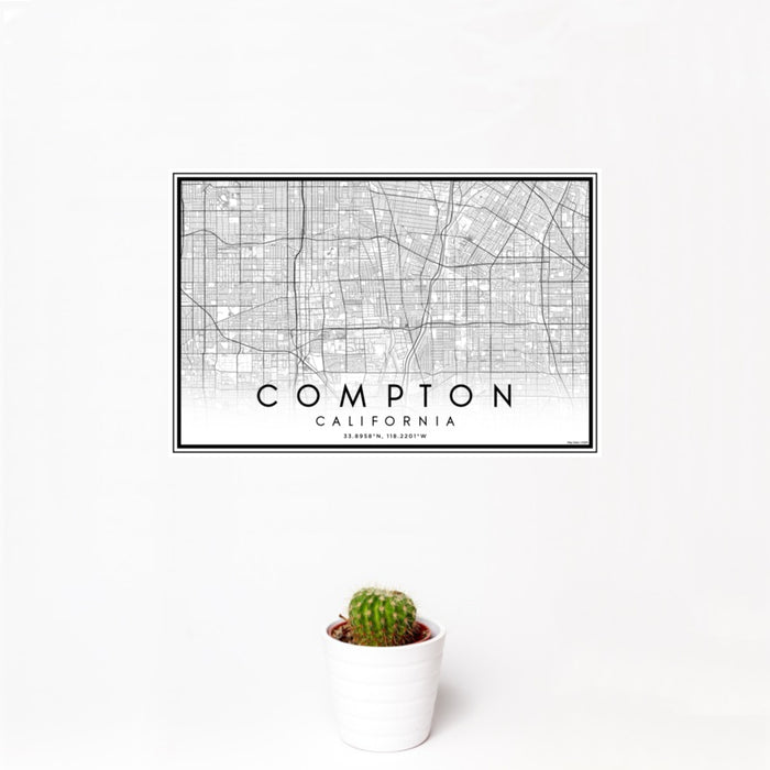 12x18 Compton California Map Print Landscape Orientation in Classic Style With Small Cactus Plant in White Planter
