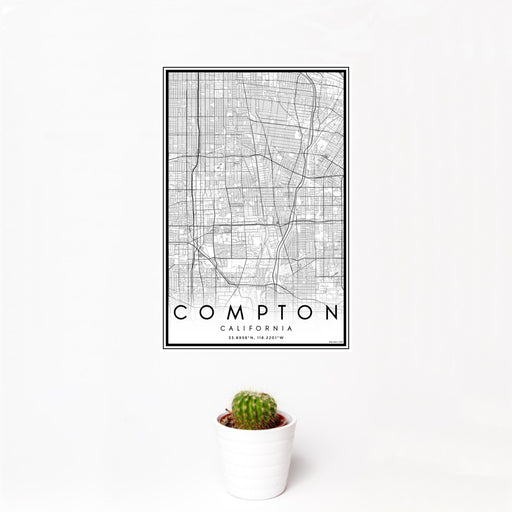 12x18 Compton California Map Print Portrait Orientation in Classic Style With Small Cactus Plant in White Planter