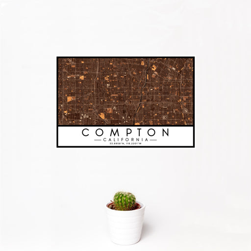 12x18 Compton California Map Print Landscape Orientation in Ember Style With Small Cactus Plant in White Planter