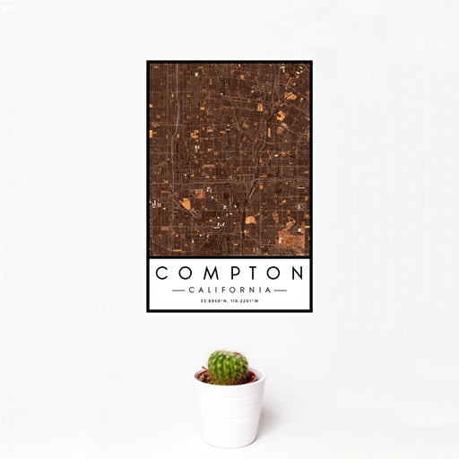 12x18 Compton California Map Print Portrait Orientation in Ember Style With Small Cactus Plant in White Planter