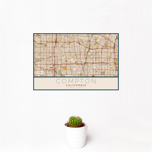 12x18 Compton California Map Print Landscape Orientation in Woodblock Style With Small Cactus Plant in White Planter