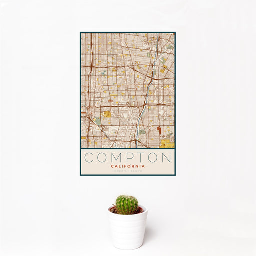 12x18 Compton California Map Print Portrait Orientation in Woodblock Style With Small Cactus Plant in White Planter