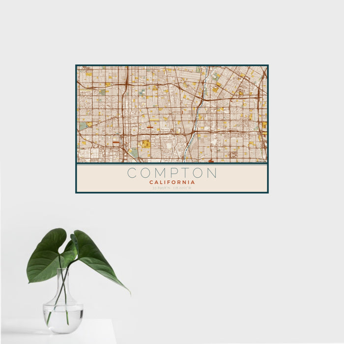 16x24 Compton California Map Print Landscape Orientation in Woodblock Style With Tropical Plant Leaves in Water