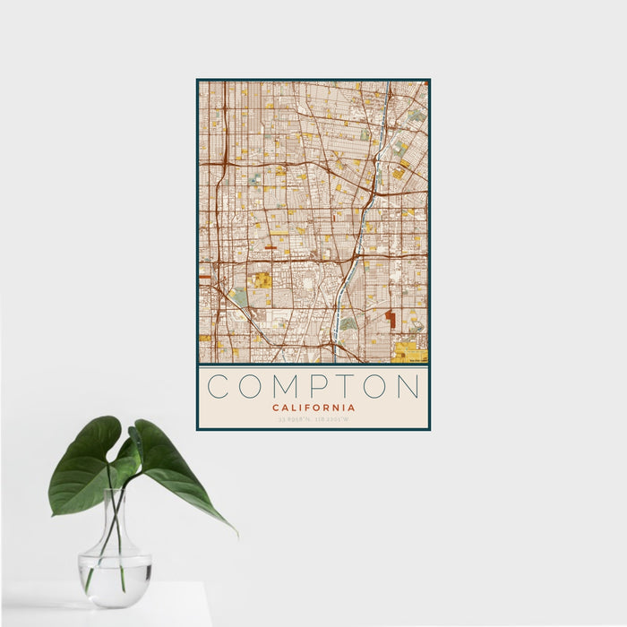 16x24 Compton California Map Print Portrait Orientation in Woodblock Style With Tropical Plant Leaves in Water