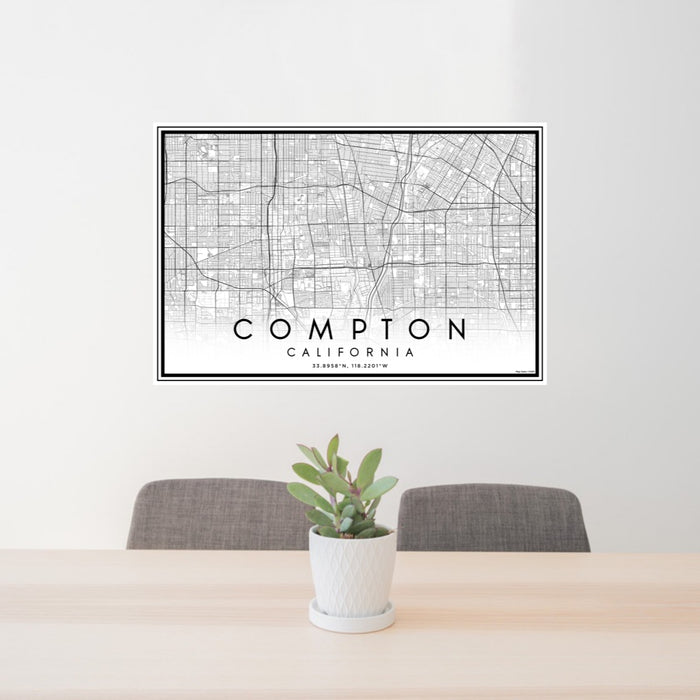 24x36 Compton California Map Print Lanscape Orientation in Classic Style Behind 2 Chairs Table and Potted Plant