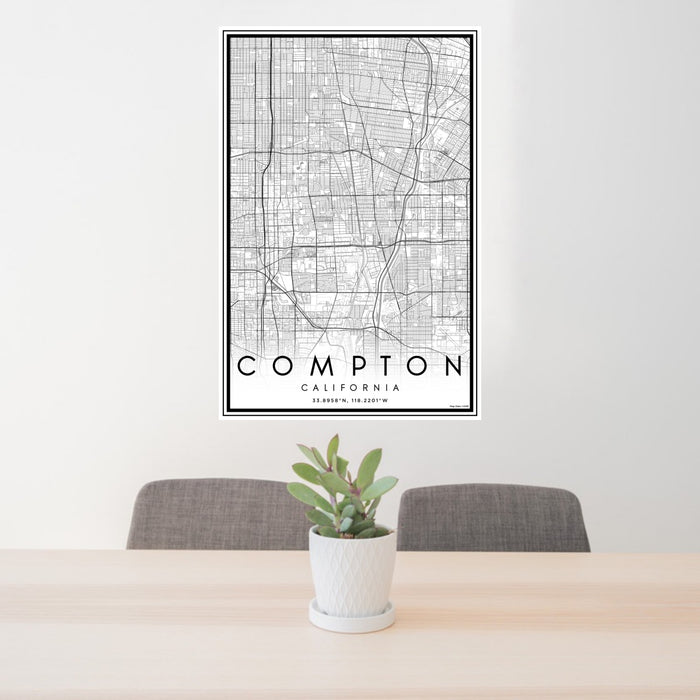 24x36 Compton California Map Print Portrait Orientation in Classic Style Behind 2 Chairs Table and Potted Plant
