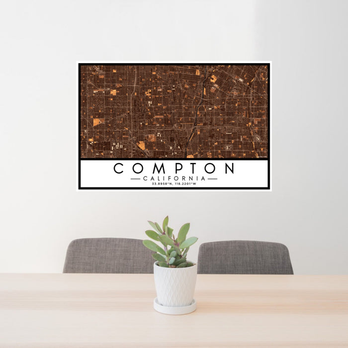 24x36 Compton California Map Print Lanscape Orientation in Ember Style Behind 2 Chairs Table and Potted Plant