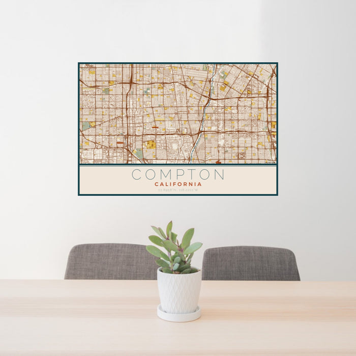 24x36 Compton California Map Print Lanscape Orientation in Woodblock Style Behind 2 Chairs Table and Potted Plant