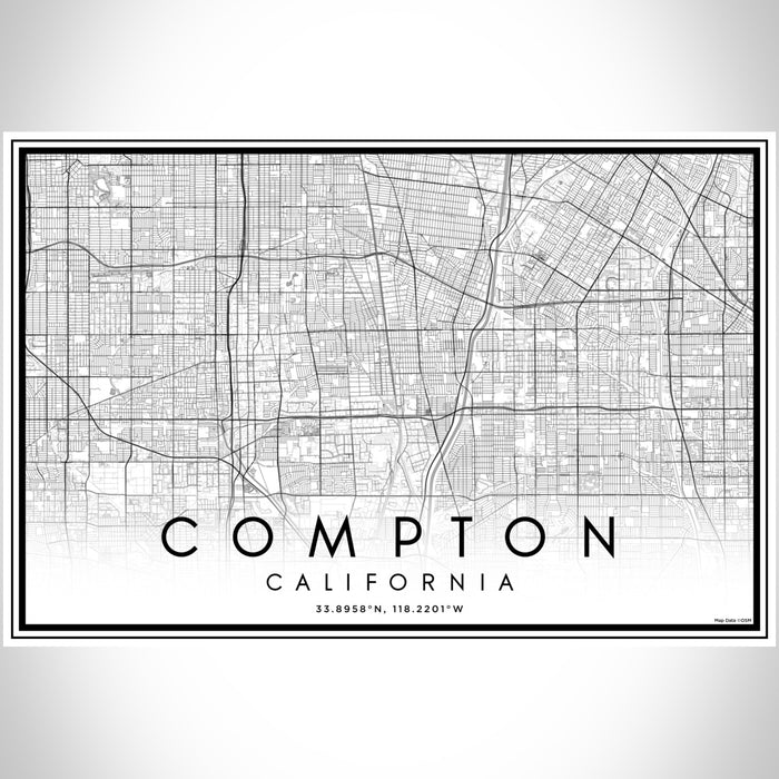 Compton California Map Print Landscape Orientation in Classic Style With Shaded Background