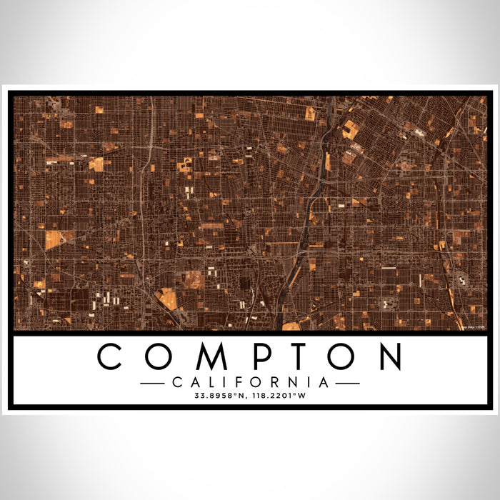 Compton California Map Print Landscape Orientation in Ember Style With Shaded Background
