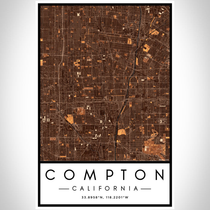 Compton California Map Print Portrait Orientation in Ember Style With Shaded Background