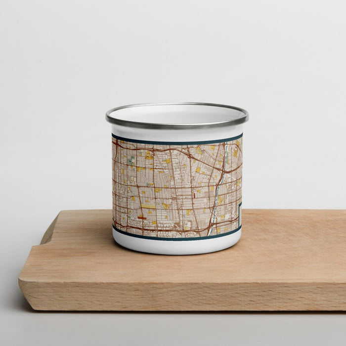 Front View Custom Compton California Map Enamel Mug in Woodblock on Cutting Board