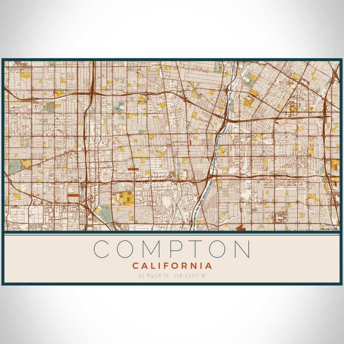 Compton California Map Print Landscape Orientation in Woodblock Style With Shaded Background