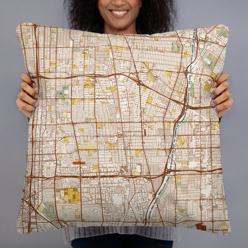 Person holding 22x22 Custom Compton California Map Throw Pillow in Woodblock