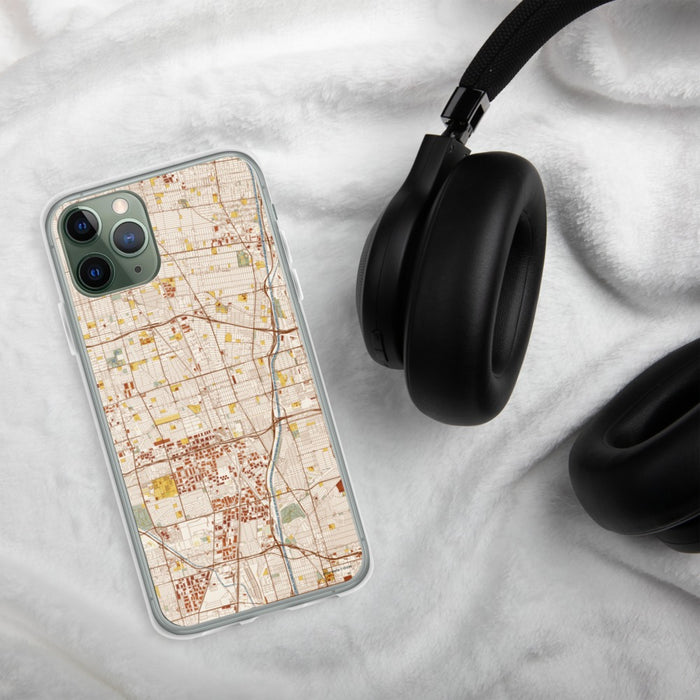Custom Compton California Map Phone Case in Woodblock on Table with Black Headphones