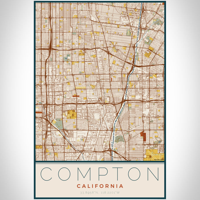 Compton California Map Print Portrait Orientation in Woodblock Style With Shaded Background