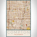 Compton California Map Print Portrait Orientation in Woodblock Style With Shaded Background
