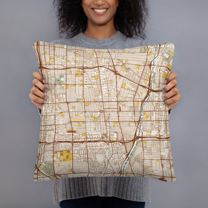 Person holding 18x18 Custom Compton California Map Throw Pillow in Woodblock