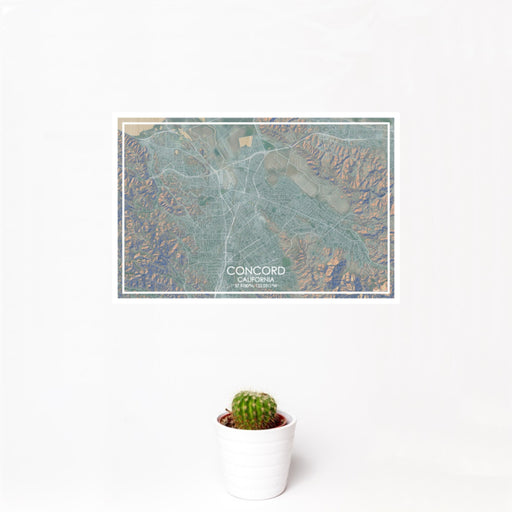12x18 Concord California Map Print Landscape Orientation in Afternoon Style With Small Cactus Plant in White Planter