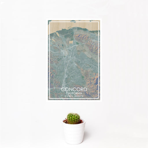 12x18 Concord California Map Print Portrait Orientation in Afternoon Style With Small Cactus Plant in White Planter
