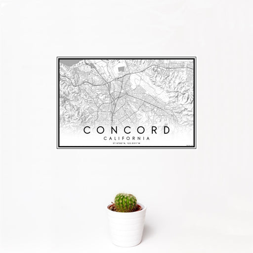 12x18 Concord California Map Print Landscape Orientation in Classic Style With Small Cactus Plant in White Planter