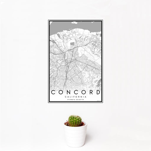 12x18 Concord California Map Print Portrait Orientation in Classic Style With Small Cactus Plant in White Planter