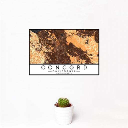 12x18 Concord California Map Print Landscape Orientation in Ember Style With Small Cactus Plant in White Planter