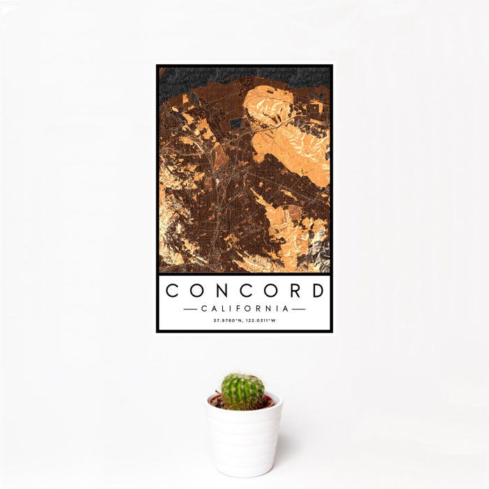 12x18 Concord California Map Print Portrait Orientation in Ember Style With Small Cactus Plant in White Planter
