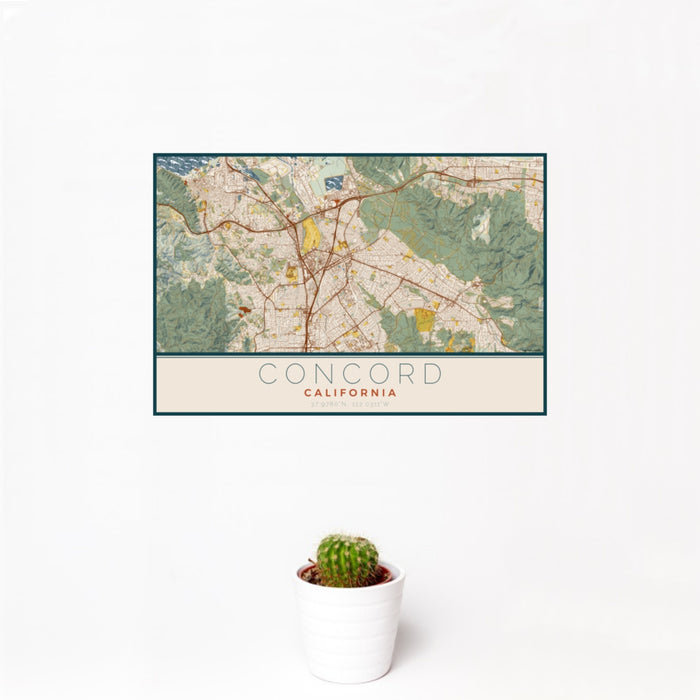 12x18 Concord California Map Print Landscape Orientation in Woodblock Style With Small Cactus Plant in White Planter