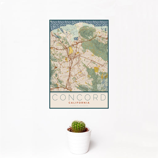 12x18 Concord California Map Print Portrait Orientation in Woodblock Style With Small Cactus Plant in White Planter