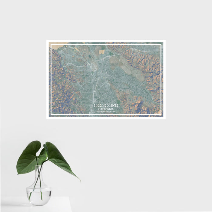 16x24 Concord California Map Print Landscape Orientation in Afternoon Style With Tropical Plant Leaves in Water