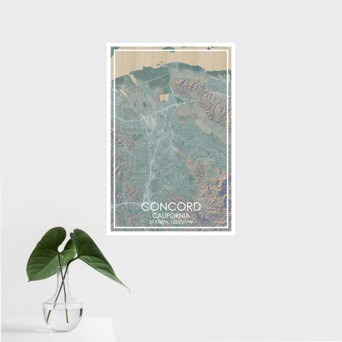 16x24 Concord California Map Print Portrait Orientation in Afternoon Style With Tropical Plant Leaves in Water