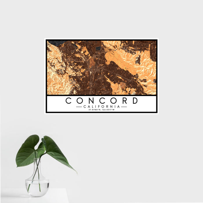 16x24 Concord California Map Print Landscape Orientation in Ember Style With Tropical Plant Leaves in Water