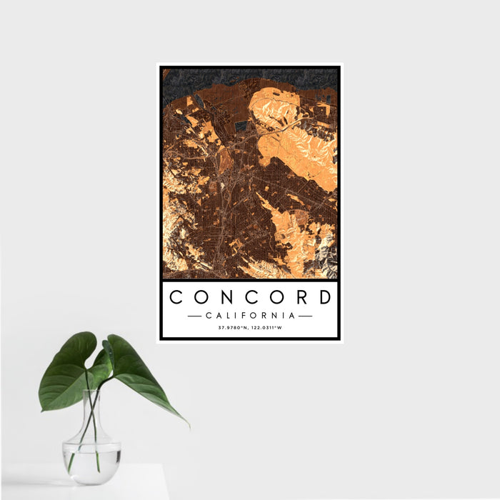 16x24 Concord California Map Print Portrait Orientation in Ember Style With Tropical Plant Leaves in Water