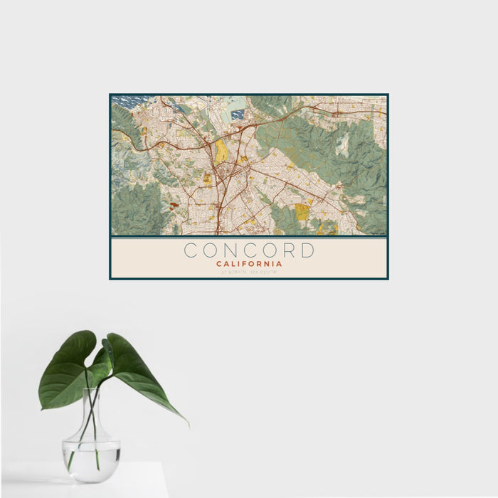 16x24 Concord California Map Print Landscape Orientation in Woodblock Style With Tropical Plant Leaves in Water