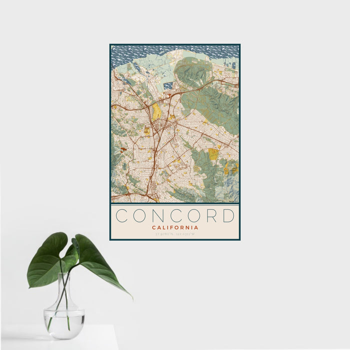 16x24 Concord California Map Print Portrait Orientation in Woodblock Style With Tropical Plant Leaves in Water