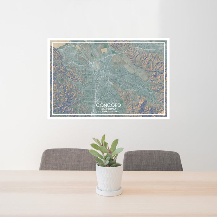 24x36 Concord California Map Print Lanscape Orientation in Afternoon Style Behind 2 Chairs Table and Potted Plant