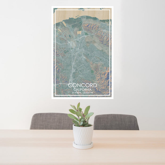 24x36 Concord California Map Print Portrait Orientation in Afternoon Style Behind 2 Chairs Table and Potted Plant