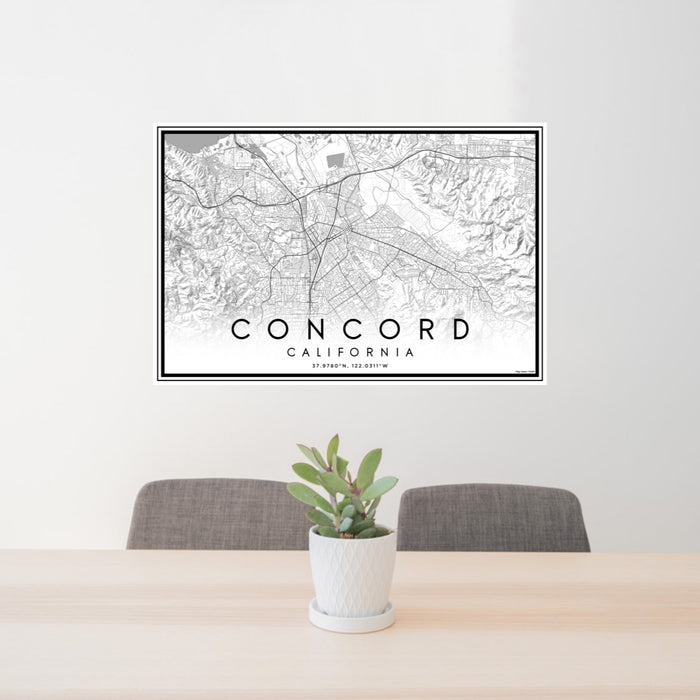 24x36 Concord California Map Print Lanscape Orientation in Classic Style Behind 2 Chairs Table and Potted Plant