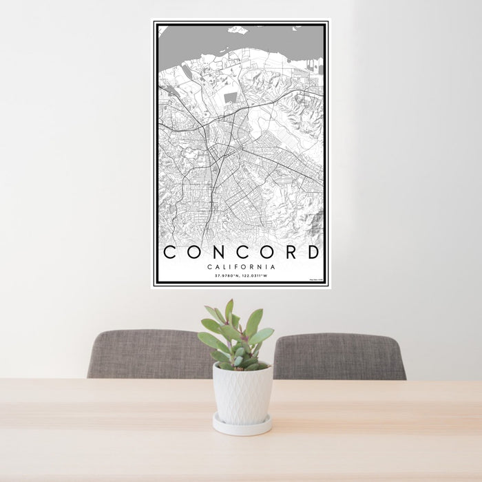 24x36 Concord California Map Print Portrait Orientation in Classic Style Behind 2 Chairs Table and Potted Plant