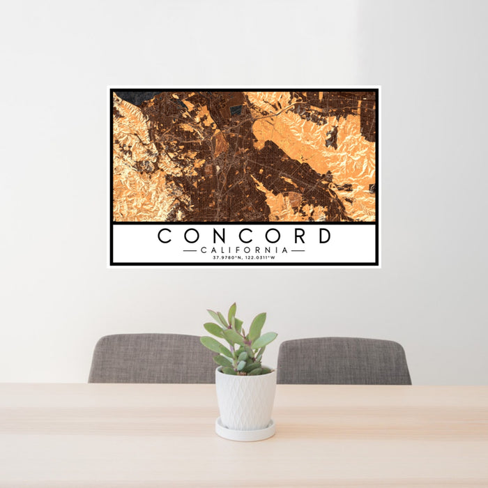 24x36 Concord California Map Print Lanscape Orientation in Ember Style Behind 2 Chairs Table and Potted Plant