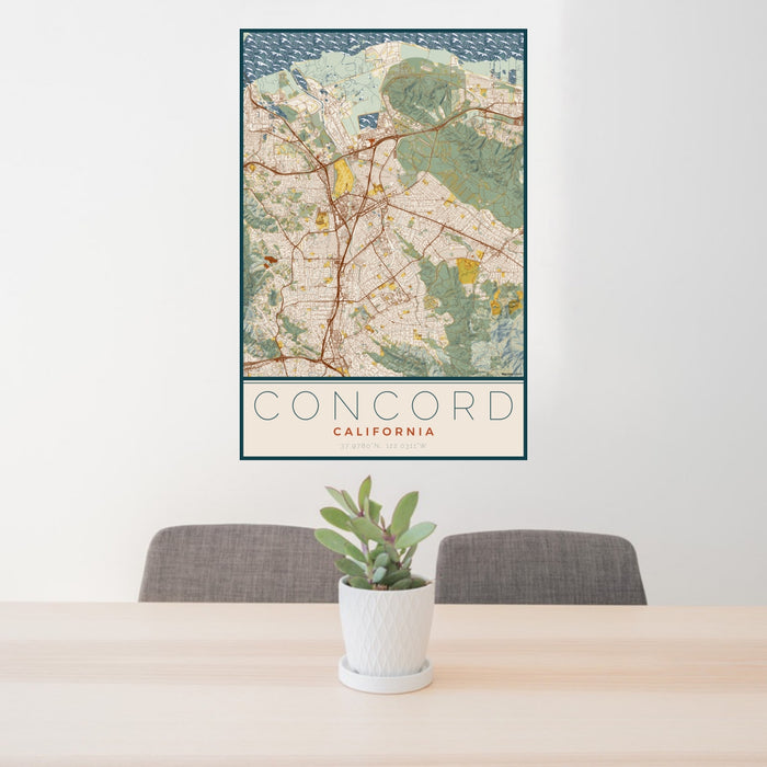 24x36 Concord California Map Print Portrait Orientation in Woodblock Style Behind 2 Chairs Table and Potted Plant