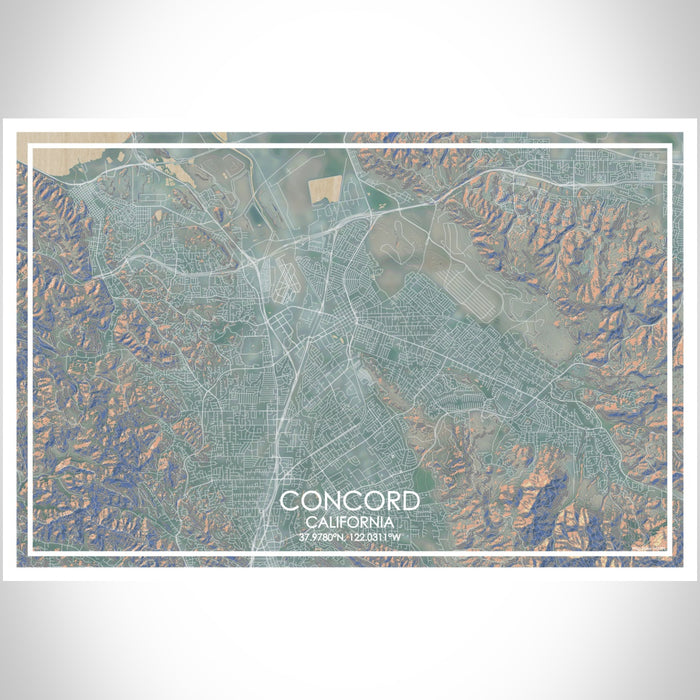 Concord California Map Print Landscape Orientation in Afternoon Style With Shaded Background