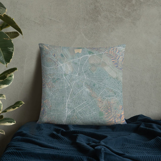 Custom Concord California Map Throw Pillow in Afternoon on Bedding Against Wall
