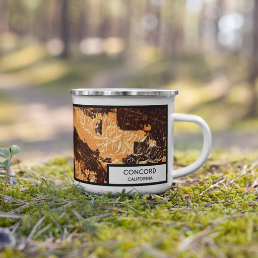 Right View Custom Concord California Map Enamel Mug in Ember on Grass With Trees in Background