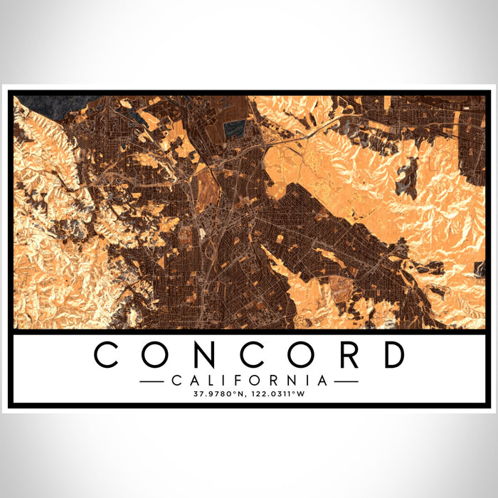 Concord California Map Print Landscape Orientation in Ember Style With Shaded Background
