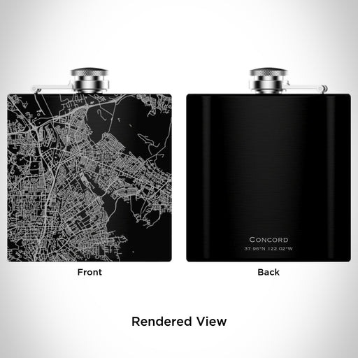 Rendered View of Concord California Map Engraving on 6oz Stainless Steel Flask in Black