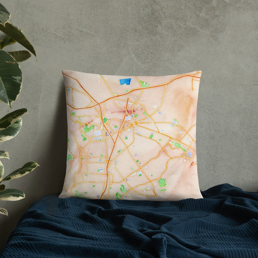 Custom Concord California Map Throw Pillow in Watercolor on Bedding Against Wall