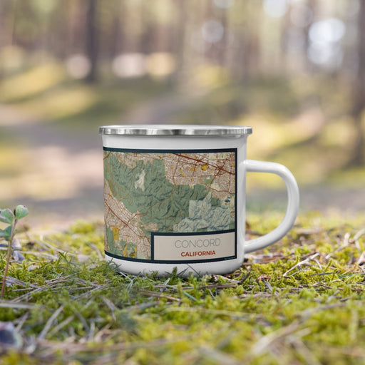 Right View Custom Concord California Map Enamel Mug in Woodblock on Grass With Trees in Background